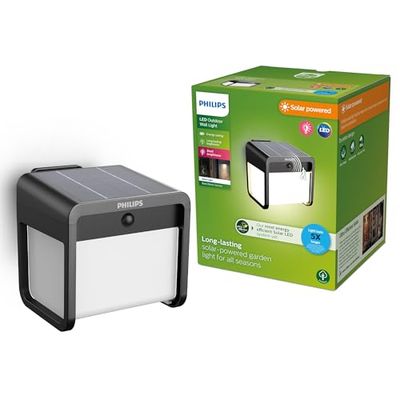 PHILIPS Ezra, Lampada solare da parete UltraEfficient, per Esterni, con Sensore di Movimento, 3000K, 250/25lm, Nero