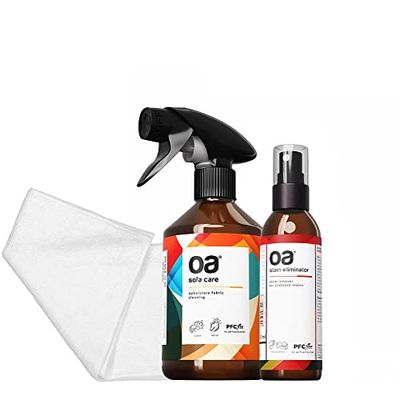 OA Kit Nettoyant pour Tissus (3 Pièces) - Détachant Tissu, Canapé, Tapis STAIN ELIMINATOR (100 ml), Nettoyant de Tissu, Canapé, Tapis SOFA CARE (250 ml), 1x Chiffon de Nettoyage en Microfibre