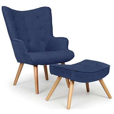 Menzzo Fauteuil Scandinave Bleu avec Pouf Repose Pied Salon | Revêtement Tissu | Pieds en Bois | Assise Moelleuse et Confortable | Modèle Lylou | L64 x P48 x H100 cm | Hauteur Assise 42 cm qh8901blue168024 108