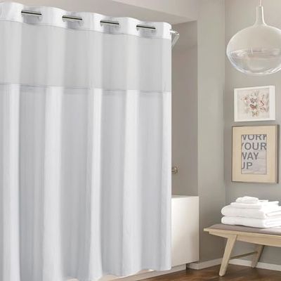 Hookless Cortina de Ducha de Rayas gofres de 71 x 74 Pulgadas en Blanco Brillante