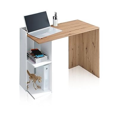 Omkeerbaar bureau met planken, bureau, opbergsysteem, model Kenia, afwerking in eiken Nodi en wit artikel, afmetingen: 100 cm (L) x 78 cm (H) x 52 cm (D)