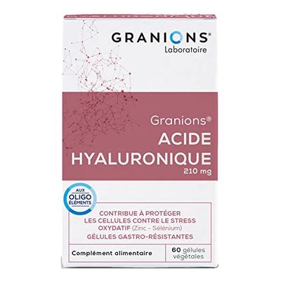 GRANIONS ACIDE HYALURONIQUE - Complement Alimentaire - Acide Hyaluronique Gelules - Anti Rides Puissant Immediat - Acide Hyaluronique + Zinc + Selenium - Anti Age - 60 gélules - Fabriqué en France