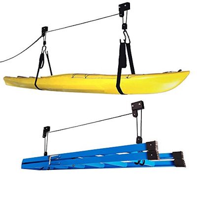 RAD Sportz Kajaktakelset - bovenhoofdkatrolsysteem met 120 lbs capaciteit voor kajaks, kano's, fietsen of ladderopslag (2 stuks), zwart