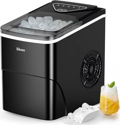 Silonn Máquina de hielo – 9 cubitos de hielo en 6 min, 12 kg/24 horas, máquina de hielo autolimpiable, compacta con cesta de hielo y pala, 2 tamaños, ideal para cocina y fiestas