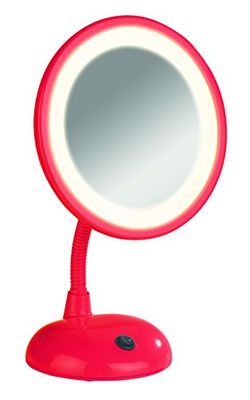 Wenko LED Specchio da trucco Style, Ø 16 cm, 17.5 x 28 x 12 cm, Rosso