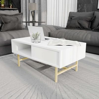 Moderne witte koffietafel, 90 x 54 x 39,6 cm, 100% melamine gecoat chipbord en metaal, stijlvol design voor woonkamer en woondecoratie
