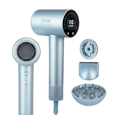 VEVOR Sèche-cheveux haute vitesse avec moteur sans balais 105000 tr/min, 200 millions d'ions négatifs, 4 températures et 3 vitesses, thermo-contrôle avec écran LCD diffuseur et buse pour maison voyage