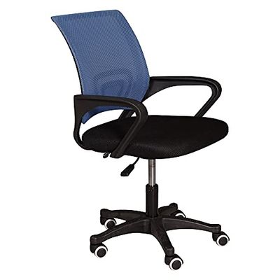 Dmora Kantoor op wielen, hoge stoel met armleuningen, stoel van gewatteerde stof met rugleuning van net, 62 x 50 x 84/93 cm, zwart en blauw