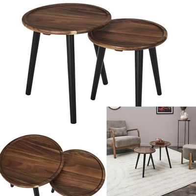HOME DECO FACTORY, HD0290, Rond Acacia X2, CollectionSoftness, Mobilier, Bureau, Table d'Appoint-Gigogne, 38x39,5x38 cm, Noir Marron