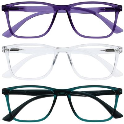 OPULIZE NYX Blue Light Blocking Reading Glasses - Anti-Glare Computer and Gaming Eyewear - 3 Pack - UV and Eyestrain Protection - Rectangular Frame - Purple Clear Turquoise - Men Women - + 0.00