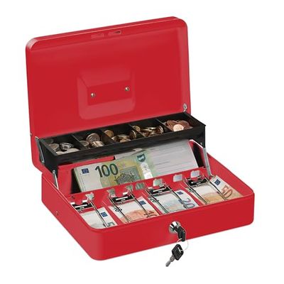Relaxdays Porta Cassetta di Sicurezza per Soldi, con Scomparto per Monete e 4 Vani per Banconote, 8,5x30,5x24,5 cm, Rosso