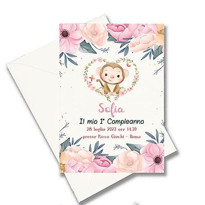 10 inviti con busta per compleanno battesimo nascita bambina o bambino personalizzati 13x18 con disegni animali bosco foresta tigre leone scimmia zebra giraffa elefante
