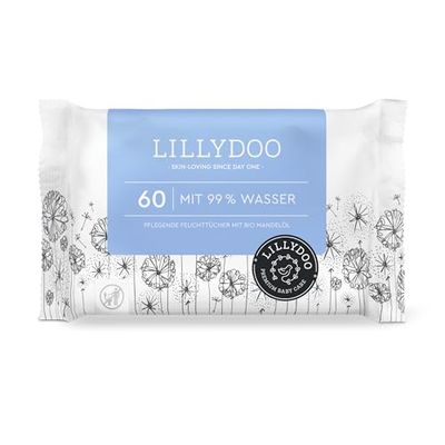 Toallitas húmedas para bebés LILLYDOO con un 99% de agua, 60 unidades, 100% libres de plástico sin perfumes y tan suave como el algodón y el agua