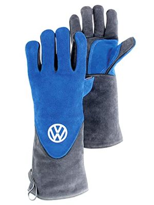 BRISA VW Collection - Volkswagen coppia di guanti da forno/grigliata in pelle di bovino, resistenti al calore, unisex, Campervan T1 Bus design (Blu & Grigio)