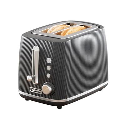 Daewoo Cascade 2 Slice Toaster – Black Ribbed Design, Adjustable Browning, Defrost & Reheat Functions, Removable Crumb Tray, Cancel Button, Compact Countertop Toaster
