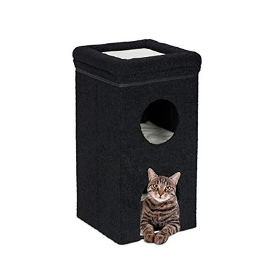 Relaxdays Casa per Gatti, HLP 76x40x40 cm, Cuccia a 3 Piani, Tiragraffi, Pieghevole, Casetta con Cuscini Interni, Nero