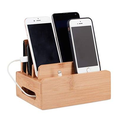 Relaxdays Stazione di Carica Cellulari, Accessori Scrivania Porta Cellulare, 6 Dispositivi, 9x17x13 cm, legno naturale