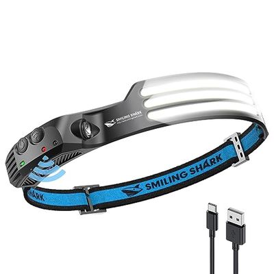 Smiling Shark Hoofdlamp, 230 graden brede hoek, 3 x leds, wit, oplaadbaar, met bewegingssensor, waterdicht, voor kamperen, wandelen, hoofdlamp, led-campinglicht