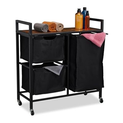 Relaxdays Scaffale Portabiancheria, Mobile 3 Scomparti Estraibili, Mobiletto da Bagno, Design Industriale, Nero Marrone