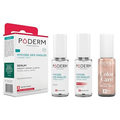 PODERM - LOT 3 PRODUITS | MYCOSE ONGLE TRAITEMENT PURIFIANT + BOOSTER - 2 Best Sellers pour soigner les ongles jaunes et abimés + Vernis Or Brillant Tea Tree camoufle les ongles abimés | Swiss Made