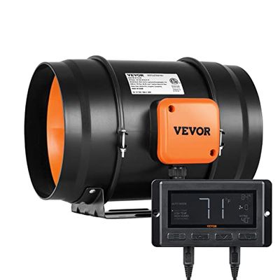 VEVOR Inline kanalfläkt, 8 tum 807 CFM med temperatur-fuktighetsregulator Tyst EC-motor ventilation Frånluftsfläkt för kylning Booster Odlingstält Hydroponik