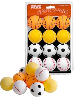 GEWO Sports-Mix bordtennisbollar – plastbordtennisbollar 40 i sportdesign – 12 färgglada, högkvalitativa ping pongbollar – olika utföranden, 40 mm diameter