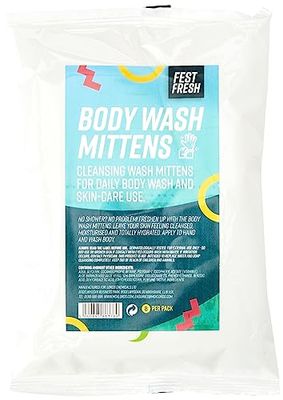 FestFresh Body Wash Mittens | Adult Washgloves | Disposable Premoistened Cleansing Wipes | Perfect for Camping, Backpacking and Festivals | Pack of 8, White, 1 Pack