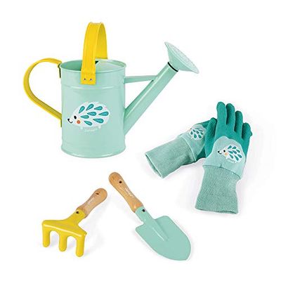 Janod - Happy Garden - Juego para Pequeños Jardineros, Incluye 4 Herramientas para Niños, Desarrollo de La Motricidad Fina - Desde Los 3 Años, Color Menta, J03187