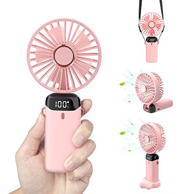 SUTOUG Ventilateur personnel, 3000 mAh USB-C, rechargeable, 5 modes de vitesse, puissant ventilateur de bureau avec base, cordon réglable et support, ventilateur de refroidissement mains libres rose