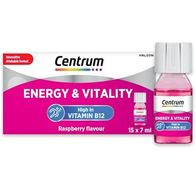 Centrum Energy and Vitality Vitamin B12 Multivitamin Liquid Shot, Vegan Vitamin Supplement, 15x7ml Bottles