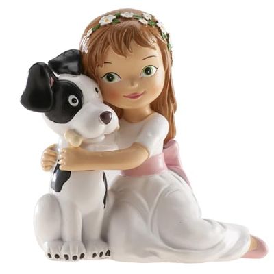 dekora - Figura Decorativa para Primera Comunión - Niña con Perrito - Elaborada en Resina - Adorno para Tartas - 11,5 Centímetros de Alto - Diseño Original y Detallado - Apto para Contacto Alimentario