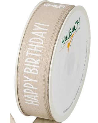 Halbach Nastro in seta "HAPPY BIRTHDAY", larghezza 25 mm, lunghezza 18 m, nastro regalo di compleanno, nastro per decorazioni di compleanno, colore: lino e bianco