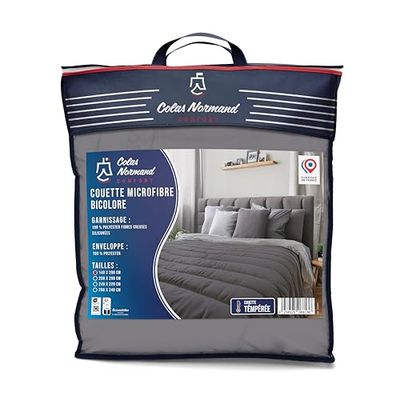 COLAS NORMAND – Couette Tempérée Bicolore Grise - 100% Polyester Microfibre - Garnissage Fibres Creuses Siliconées – 140x200 - Toucher Peau de Pêche - Design Tendance - Fabrication Française