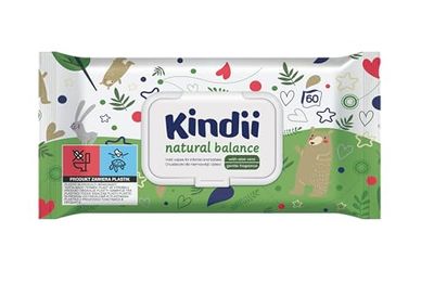 Kindii Natural Balance Wet Wipes for Babies and Children - Protective, Moisturising, Regenerating Effect - Delicate Fragrance - with Allantoin, Emollients - Aloe Vera - Neutral pH Value - Pack of 60