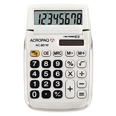 ACROPAQ - Calcolatrice - Display LCD a 8 cifre, Dual Power (batteria + solare), con memoria, traccia radici e calcolo percentuale - Bianco
