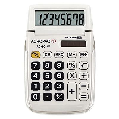 ACROPAQ - Kalkylator – 8-siffrig LC-skärm, dubbel effekt (batteri sol), med minne, rotad dragning och procentberäkning – vit