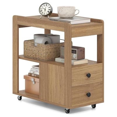 FANTASK Carrito Auxiliar Estrecho para Oficina, 65 x 30 x 62 cm, Mesa Auxiliar móvil con 2 cajones y estantes, Mesa de impresión con Ruedas