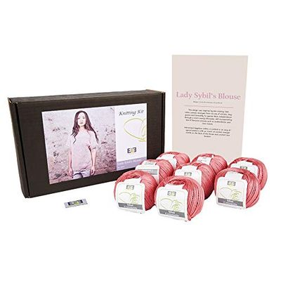 DesignEtte Lady Sybil’s Adults Knitting Kit 100 Percent Mercerized Egyptian Cotton Wool Yarn Balls and Pattern in a Set Beginner Starter Handcrafts Pack Box 50g≈127m/5ply Baby Pink 4, XL