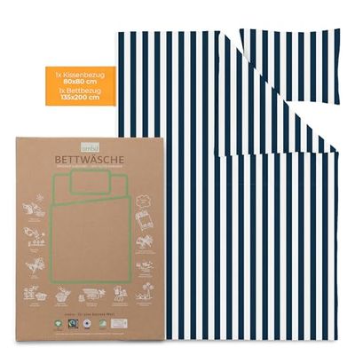 OMHU satin sängkläder 135 x 200 vit/marinblå | GOTS certifierade sängkläder | mysiga sängkläder av ekologisk bomull | sängkläder med 1 x påslakan 135 x 200 + 1 x satinörngott 80 x 80