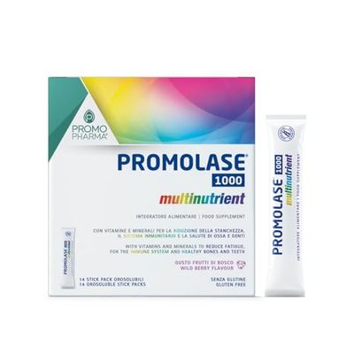 Promolase 1000 Multinutrient - Integratore Alimentare Con vitamine e minerali per la riduzione della stanchezza, il sistema immunitario e la salute di ossa e denti - 14 stick da 3 g