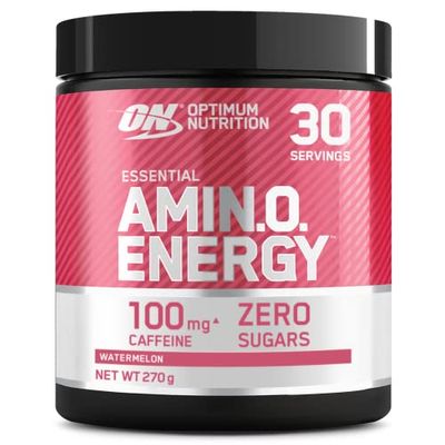 Optimum Nutrition Amino Energy Pre Workout en poudre, boisson énergisante avec acides aminés, BCAA, L-Glutamine et L-Leucine, complément vitamine C caféine, goût Pastèque, 30 portions, 270 g