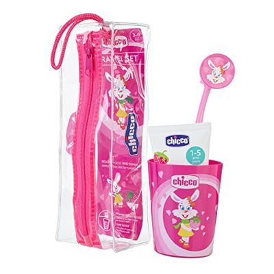 Chicco - Etui voor kinderen met beker, zachte borstelharen, ergonomische handgreep, capuchon en bijpassende etui, tandenborstel voor kinderen vanaf 3 jaar, roze