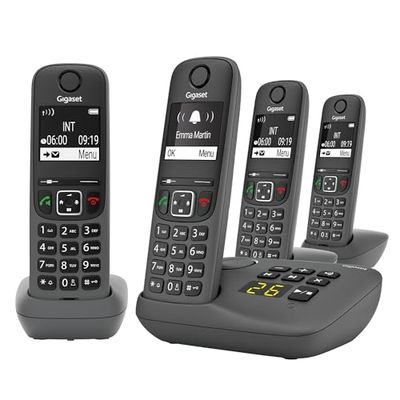 Gigaset A695A Quattro - 4 téléphones DECT sans Fil avec répondeur - écran à Haut Contraste - Excellente qualité Audio - Fonction Mains Libres - Protection d'appels, Gris [Version française]