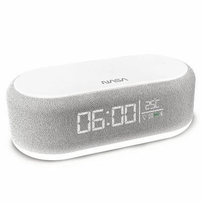 Nasa SPC400 - Sveglia radio sveglia, altoparlante Bluetooth, altoparlante 5 W x 2, ricarica wireless 15 W, luce notturna, batteria al litio, cavo USB-C incluso, grigio