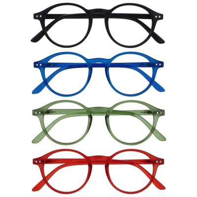 OPULIZE REY Reading Glasses - 4-Pack - Retro Round Frame - Matt Black, Blue, Green, Red - Mens Womens - Spring Hinges - RRRR56-136Z - +3.00