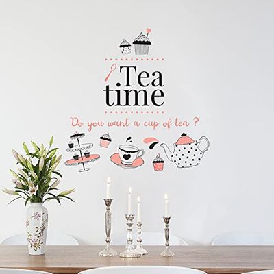 Wallflexi Autocollant Mural Heure Du Thé Décoration Amovible Décalques Nurserie Jardin D'Enfants Chambre Restaurant Café Hôtel Bureau de Maison, Multicolore