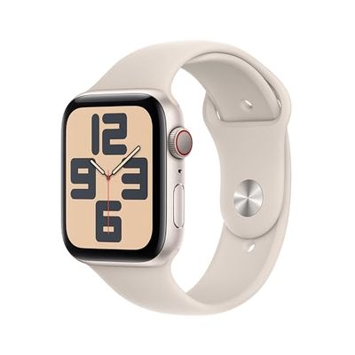 Apple Watch SE (2e generatie, 2023) (GPS + Cellular 44 mm) Smartwatch - Kast van sterrenlicht aluminium - Sterrenlicht sportbandje S/M. Conditie en slaap bijhouden, ongelukdetectie