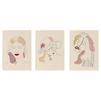 Arterby's® - Set 3 pezzi - Poster Quadro Cornice Tela Canvas Dipinto - Illustrazione Viso Donna Linea Astratta Ritratto - Made in Italy - HD Tela con Cornice Colore Legno 40x50 cm S3A001 D002