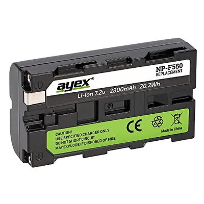 ayex NP-F550 - Batteria agli ioni di litio con chip informativo, compatibile al 100%, durevole, affidabile, bassa autoscarica