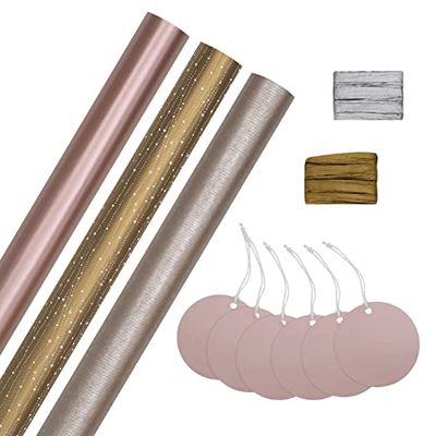Hallmark Christmas Gifting Compendium, 3 Pack Wrapping Paper, 2M Each, 6 Gift Tags, 2 Raffia Ribbons, Gold, White, Rose Gold Compendium Pack